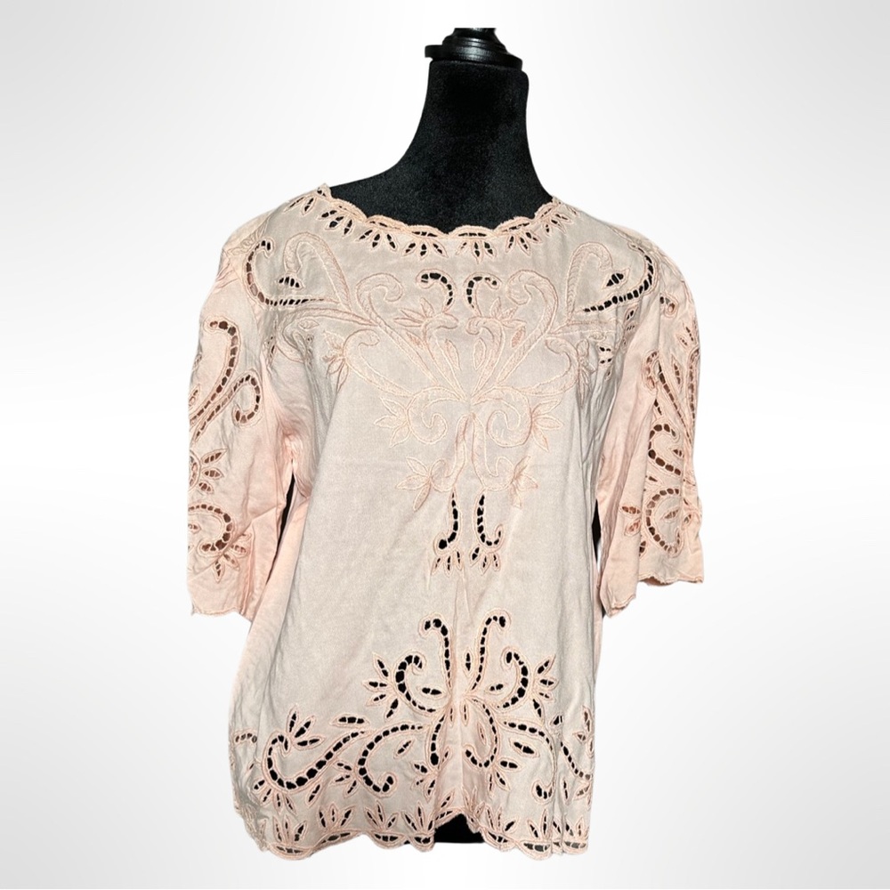 Retro Vintage Pink Sheer See Through Blouse Floral Lace - Size M